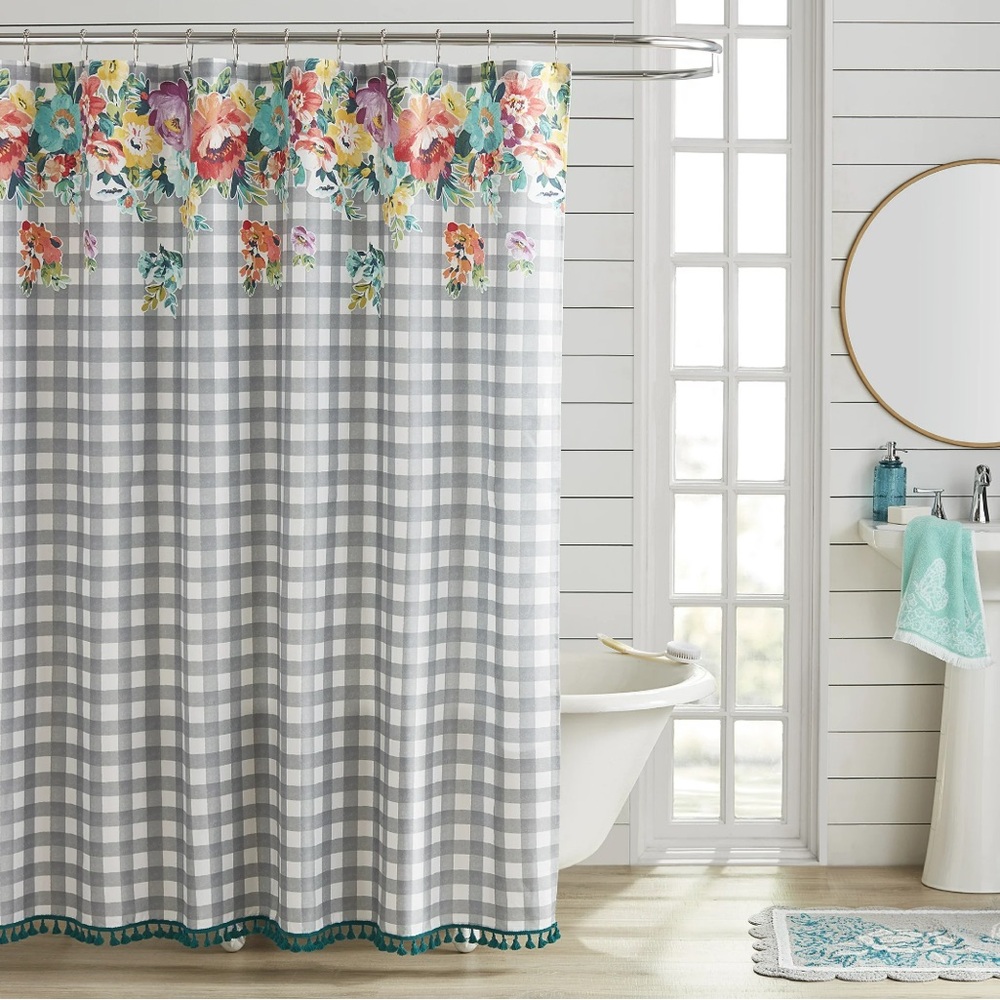 The Pioneer Woman Sweet Romance Gingham Floral Cotton-Rich Shower Curtain NEW